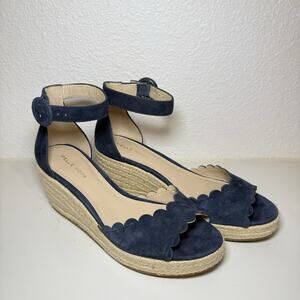 Pelle Moda Womens 9.5M Navy Suede Espadrille Wedge Sandals Scalloped Ankle Strap